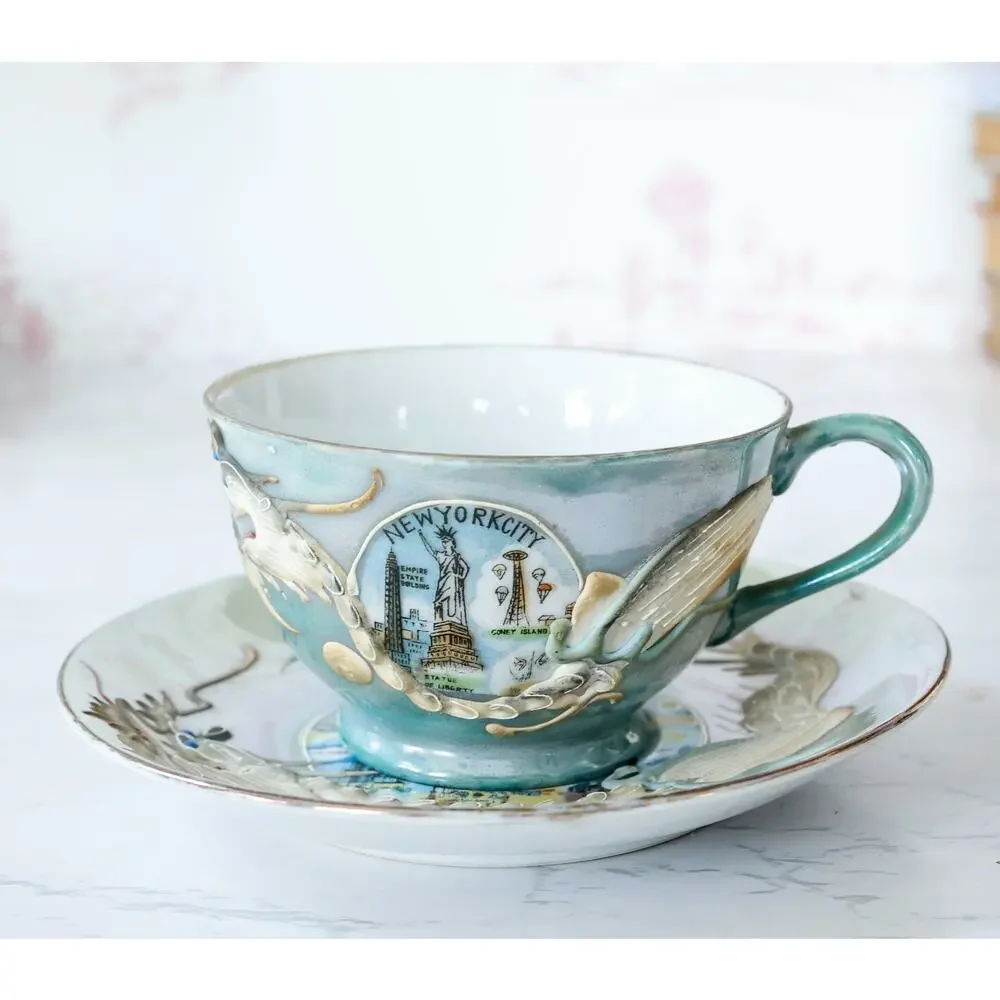 VTG Moriage Dragonware New York City Teacup Set Geisha Lithophane Chinoiserie